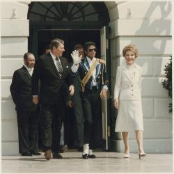 Roland Harley appears to stand behind the Reagans and Michael Jackson at the White House ceremony to launch the campaign against drunk driving in 1984